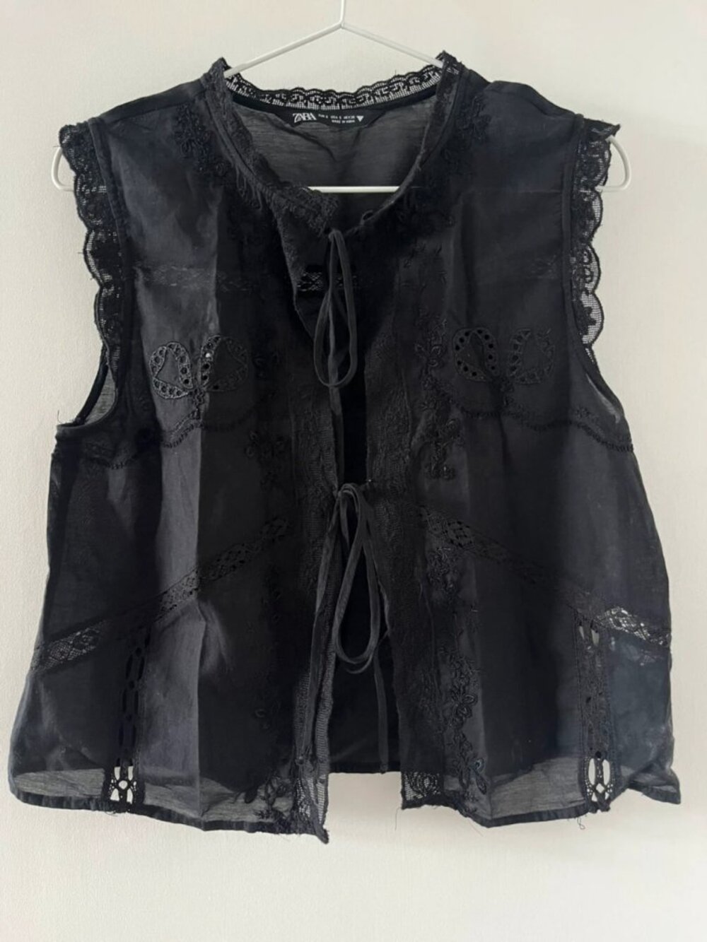 Women's Black Sheer Lace Tie Front Blouse Size S